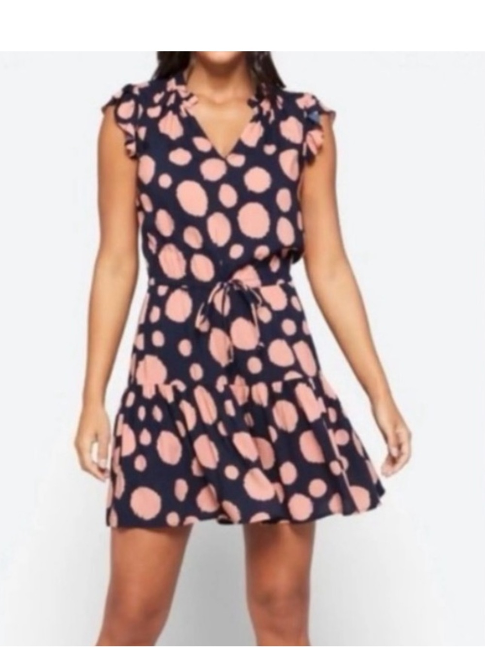 Velvet by Graham & Spencer Navy Dress with Pink Polka Dots and Tie Waist NWT